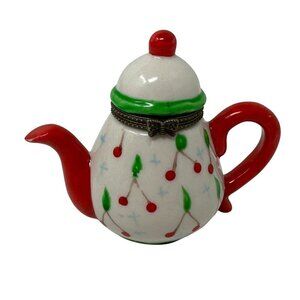 Vintage Mini Teapot Trinket Box Red Green Ceramic Hinged Cherry Holiday Decor